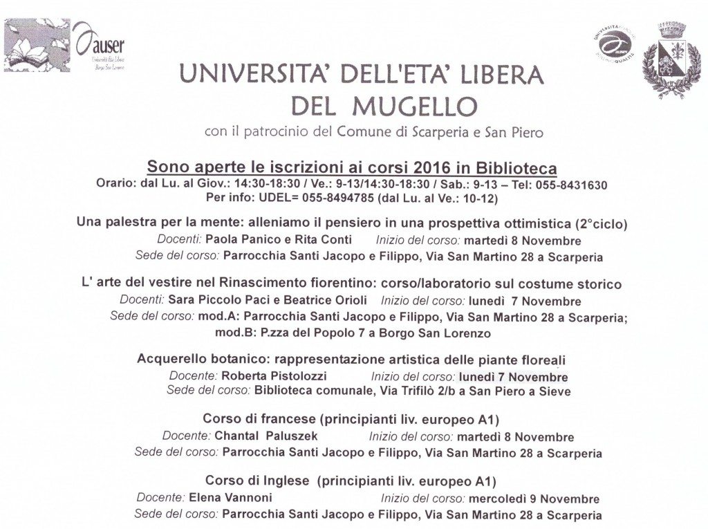 nuove date inizio corsi a Scarperia e San Piero a Sieve 2° semestre 2016